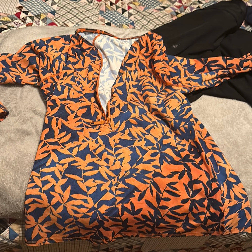 Garnet Hill rash guard; women’s medium orange and blue, long sleeved 1/4 zip